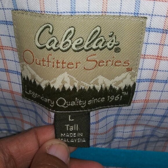 Cabelas Shirt Mens L Tall outfitter series Short Sleeve Button Front Plaid ivory - Picture 5 of 8